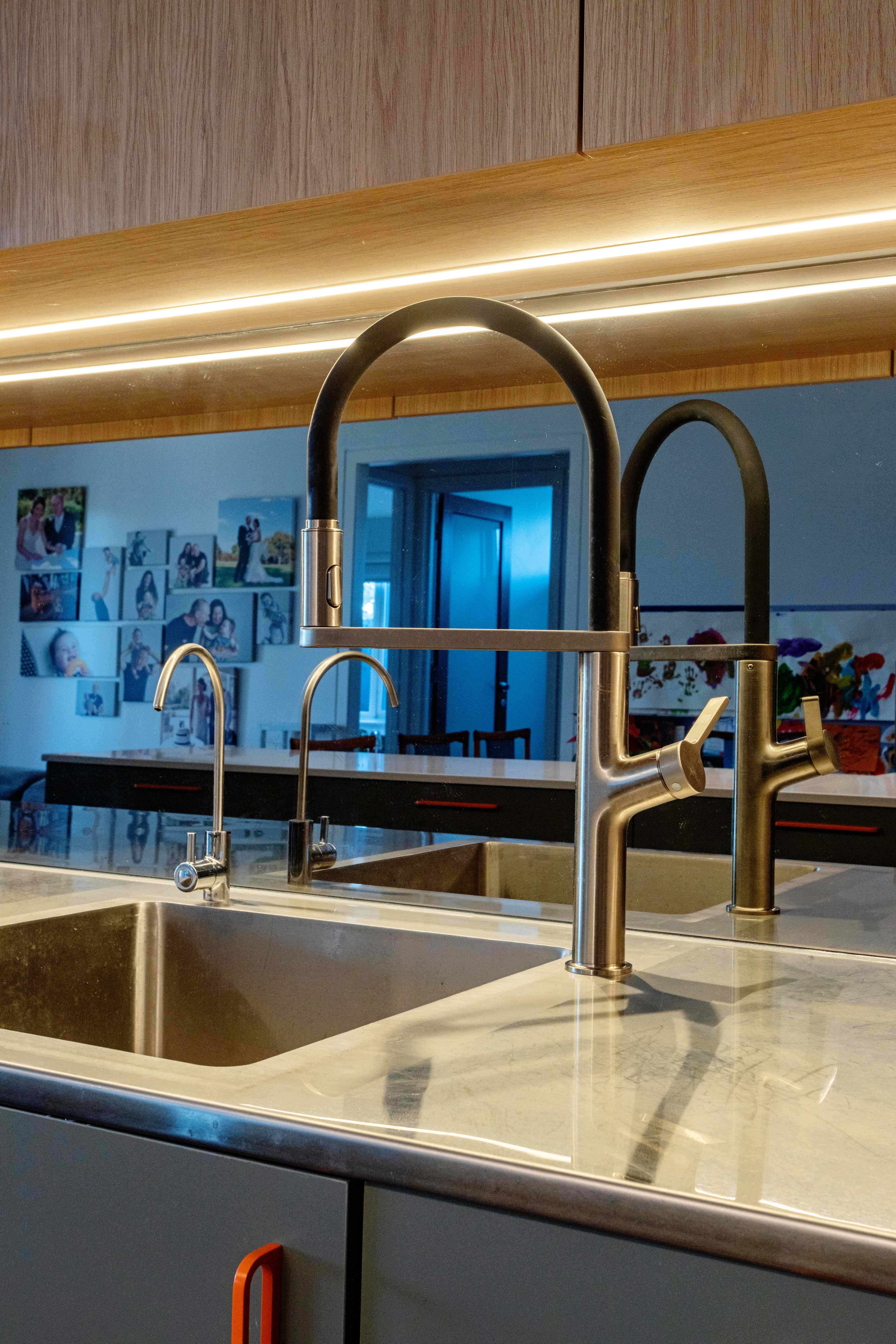 Stainless steel kitchen bench with sensor tap
